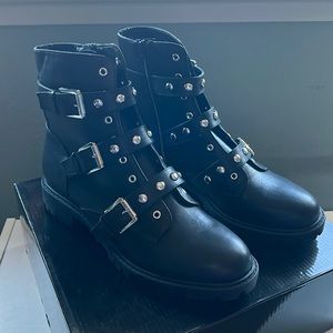 G By Guess Prez Studded Leather Ankle Biker Combat Boots with Strap Belts